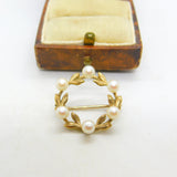 9ct Yellow Gold Pearl Set Wreath Sweetheart Brooch Vintage 1980 London