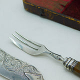 Victorian Sterling Silver & Red Agate Handled Breakfast Cutlery Set Antique 1844 Birmingham