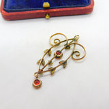 9ct Gold, Garnet & Seed Pearl Lavalier Drop Pendant Antique c1910 Edwardian