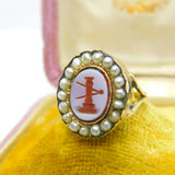 Georgian Early 15ct Yellow Gold, Seed Pearl & Sardonyx Intaglio Seal Ring c1790