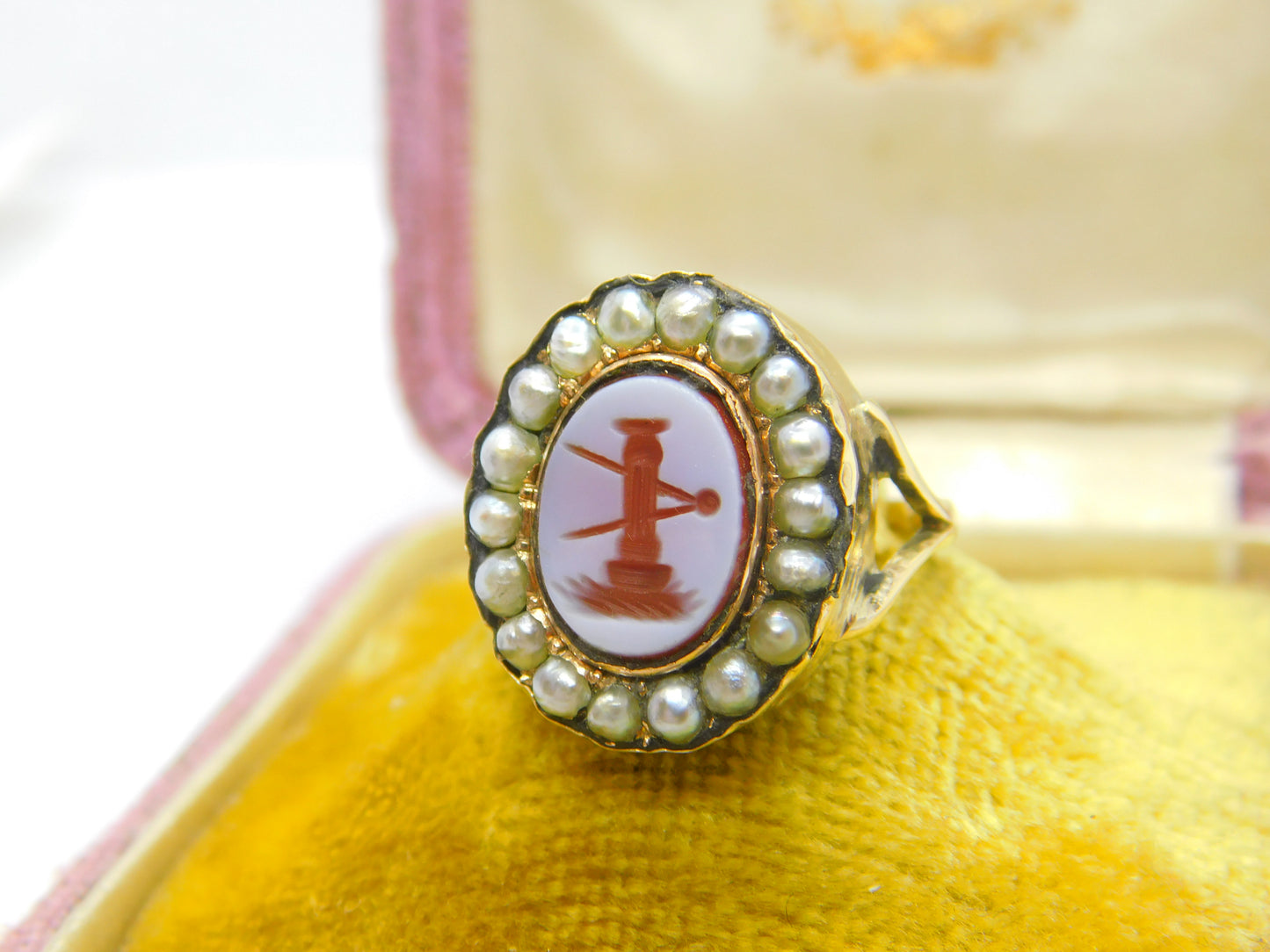 Georgian Early 15ct Yellow Gold, Seed Pearl & Sardonyx Intaglio Seal Ring c1790