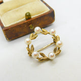 9ct Yellow Gold Pearl Set Wreath Sweetheart Brooch Vintage 1980 London