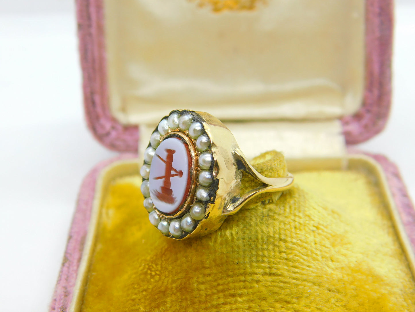 Georgian Early 15ct Yellow Gold, Seed Pearl & Sardonyx Intaglio Seal Ring c1790