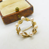 9ct Yellow Gold Pearl Set Wreath Sweetheart Brooch Vintage 1980 London