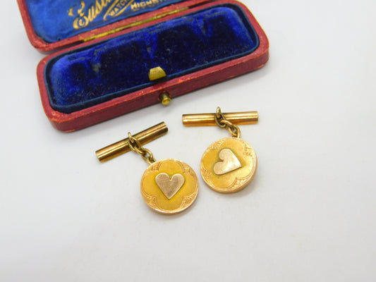 Victorian 14ct Yellow Gold Heart Pattern Circular Cufflinks c1900 Antique