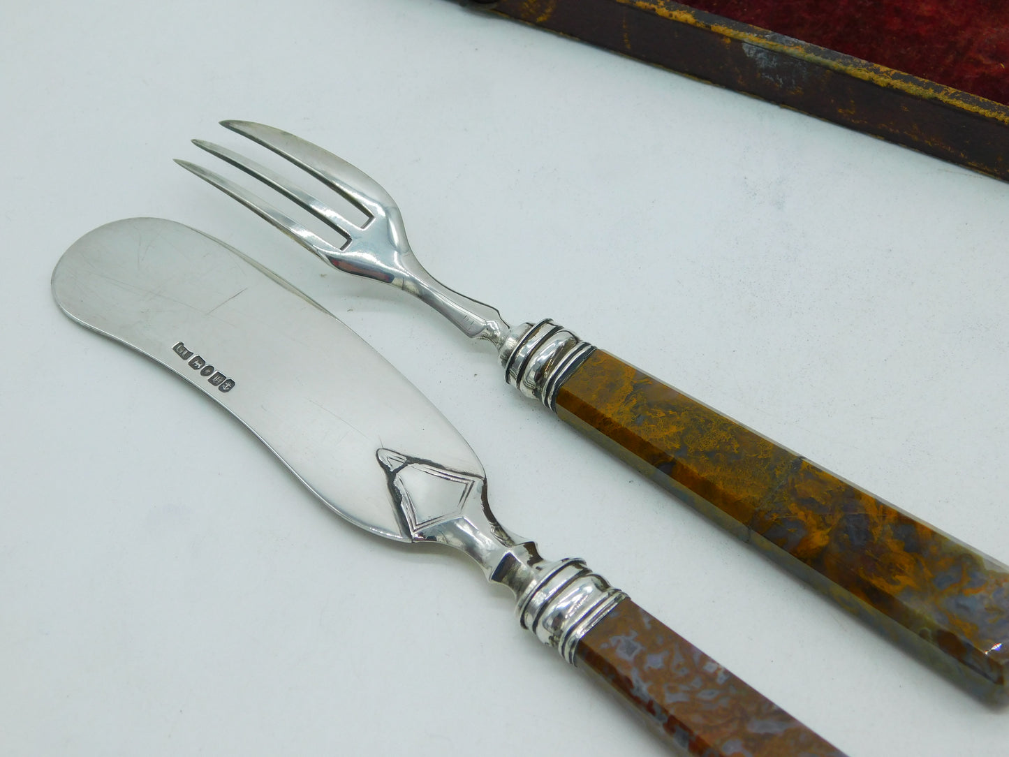 Victorian Sterling Silver & Red Agate Handled Breakfast Cutlery Set Antique 1844 Birmingham