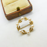 9ct Yellow Gold Pearl Set Wreath Sweetheart Brooch Vintage 1980 London