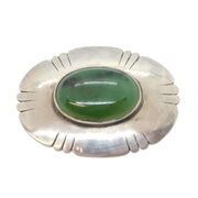 Arts & Crafts Sterling Silver Mounted Cabochon Jade Panel Brooch Antique c1920
