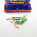 Large Sterling Silver Colourful Enamel Perched Bird Pendant Vintage c1960