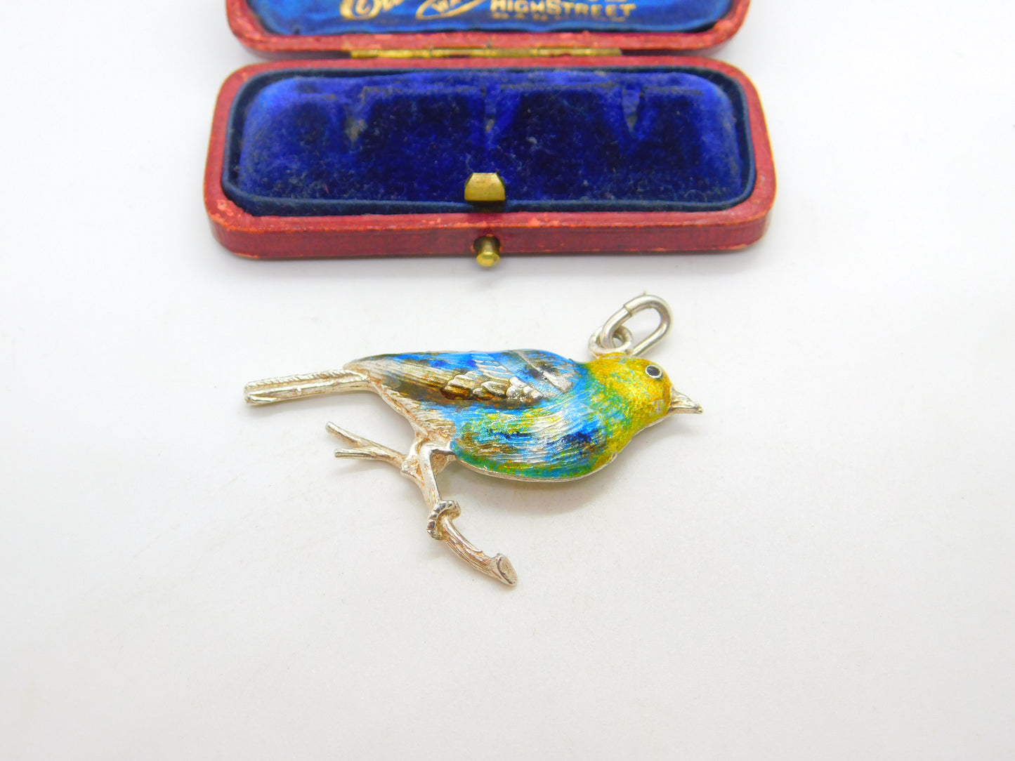 Large Sterling Silver Colourful Enamel Perched Bird Pendant Vintage c1960