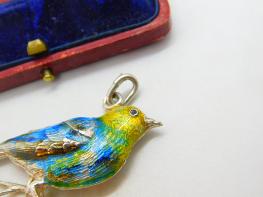 Large Sterling Silver Colourful Enamel Perched Bird Pendant Vintage c1960