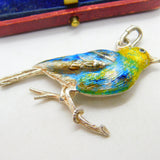 Large Sterling Silver Colourful Enamel Perched Bird Pendant Vintage c1960