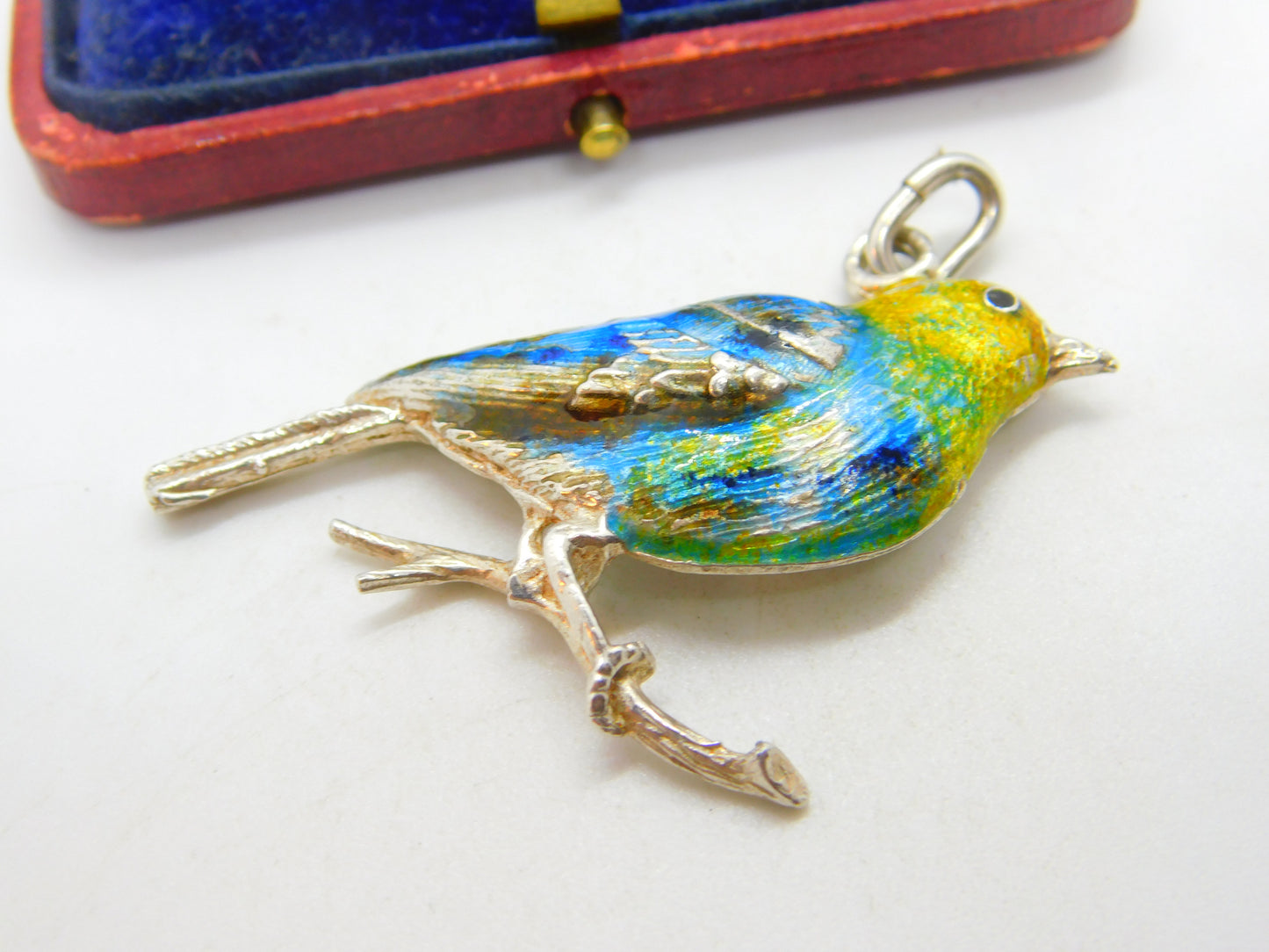 Large Sterling Silver Colourful Enamel Perched Bird Pendant Vintage c1960