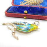 Large Sterling Silver Colourful Enamel Perched Bird Pendant Vintage c1960