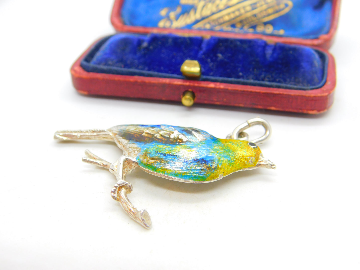 Large Sterling Silver Colourful Enamel Perched Bird Pendant Vintage c1960