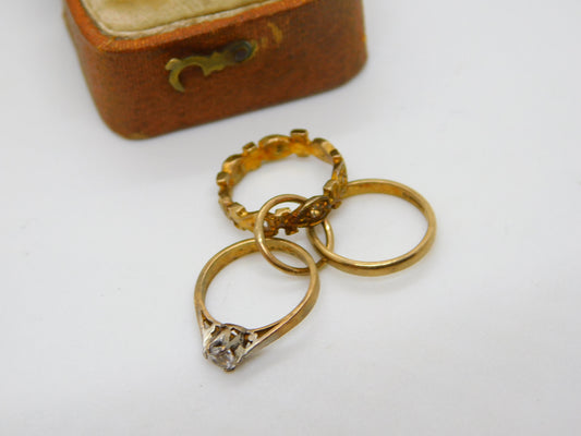 English 9ct Gold and Paste Triple Wedding Rings Charm or Pendant Vintage 1971