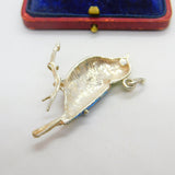 Large Sterling Silver Colourful Enamel Perched Bird Pendant Vintage c1960