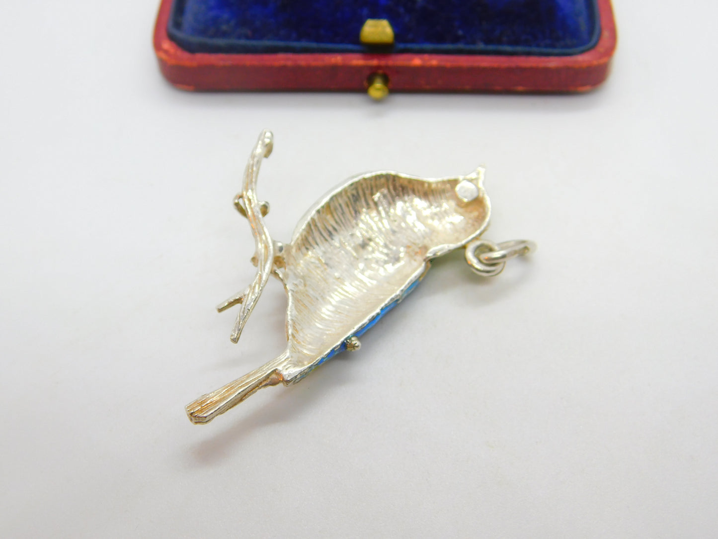 Large Sterling Silver Colourful Enamel Perched Bird Pendant Vintage c1960