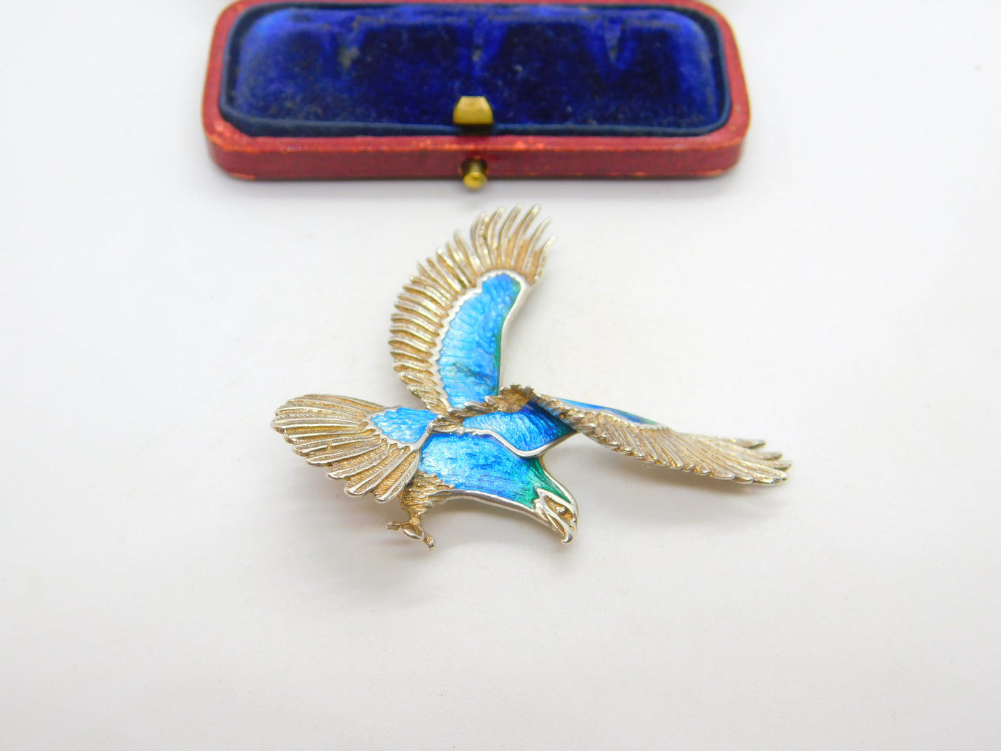 Large Sterling Silver & Blue Enamel Soaring Eagle Brooch Vintage c1960