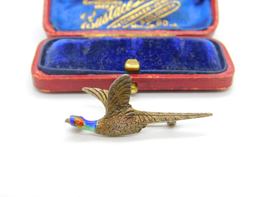 Victorian Sterling Silver & Enamel Flying Pheasant Brooch Pin c1900 Antique