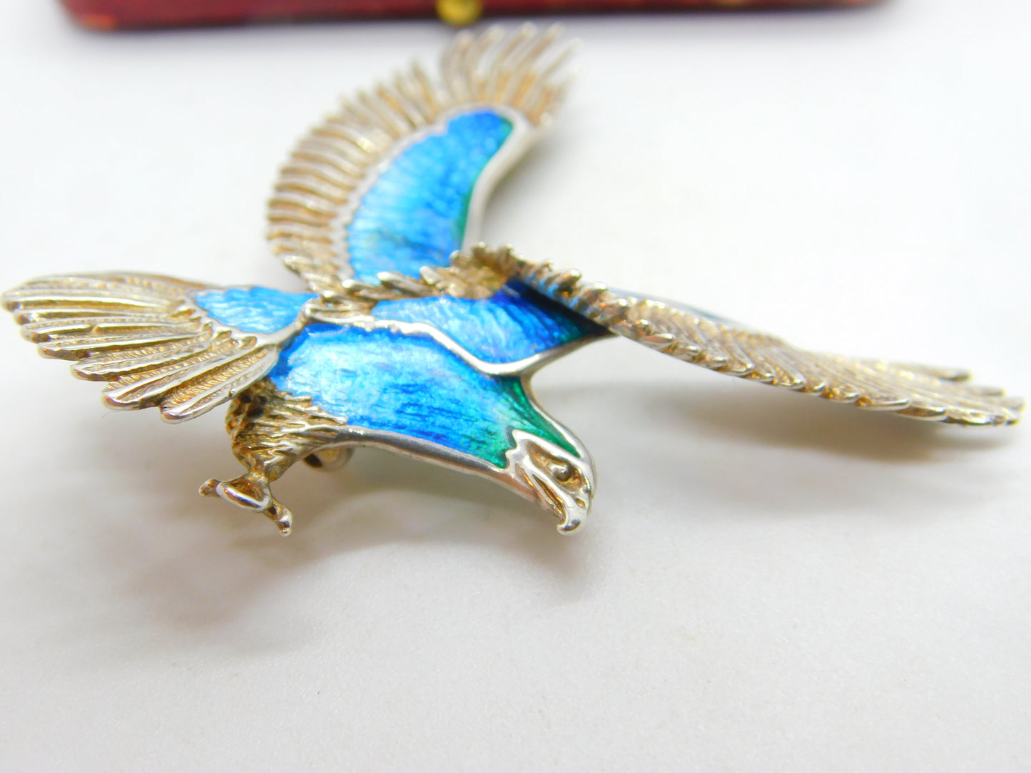 Large Sterling Silver & Blue Enamel Soaring Eagle Brooch Vintage c1960