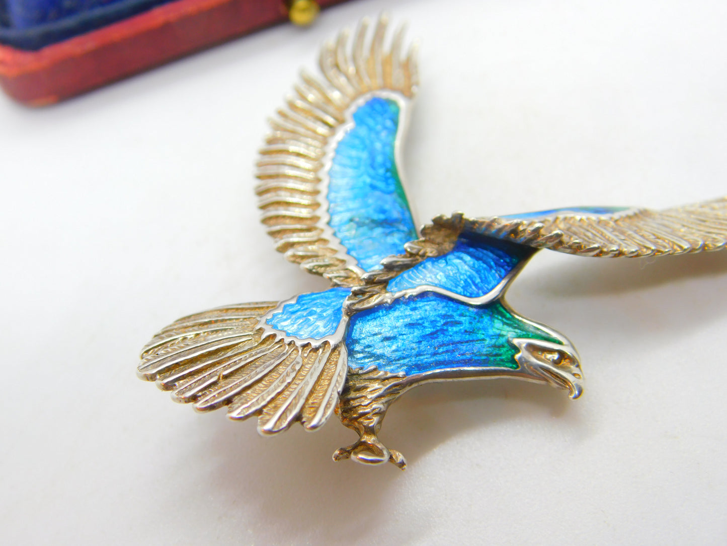 Large Sterling Silver & Blue Enamel Soaring Eagle Brooch Vintage c1960