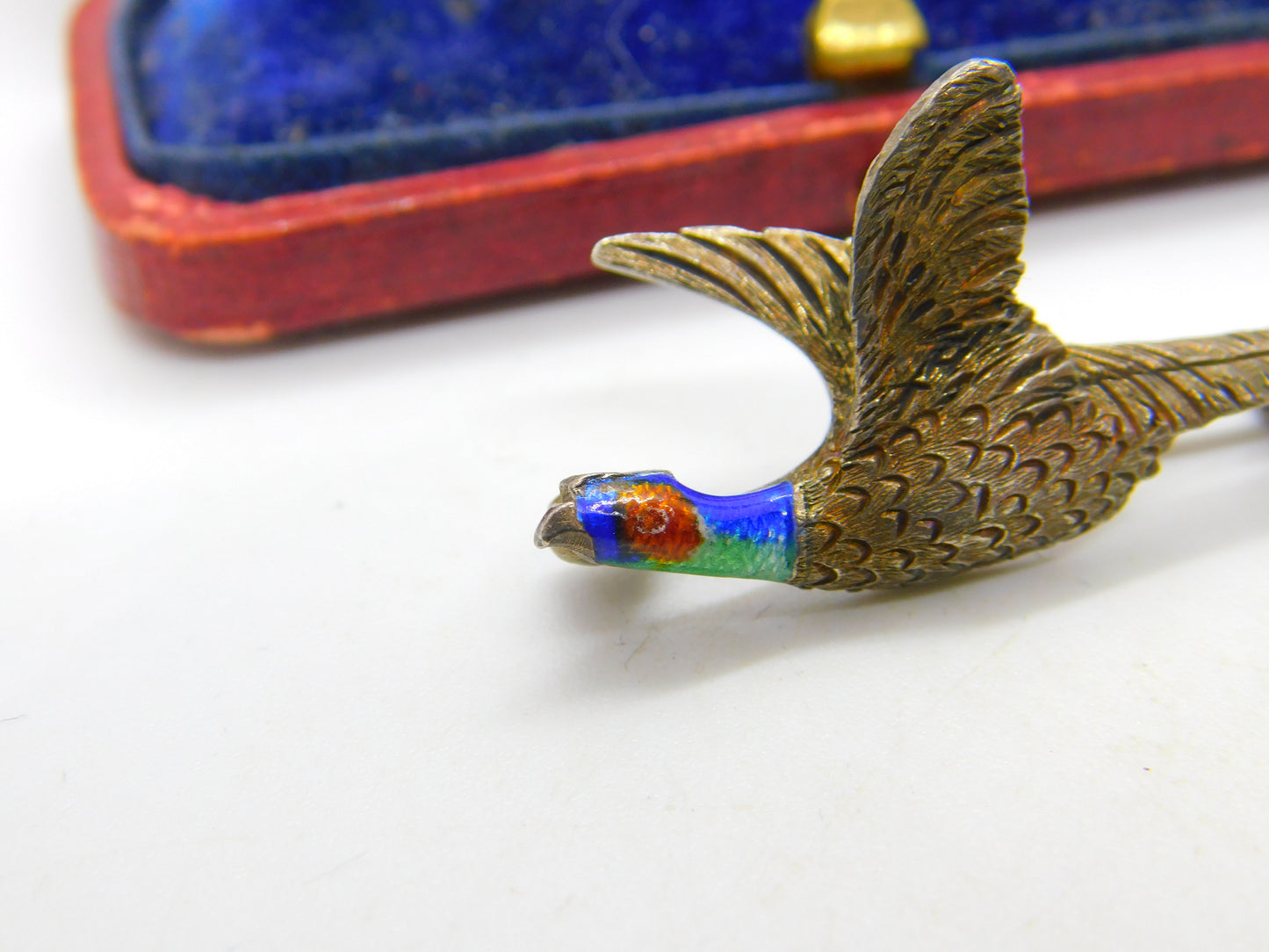 Victorian Sterling Silver & Enamel Flying Pheasant Brooch Pin c1900 Antique