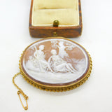 9ct Yellow Gold Mounted Romantic Regency Scene Shell Cameo Brooch Vintage 1956