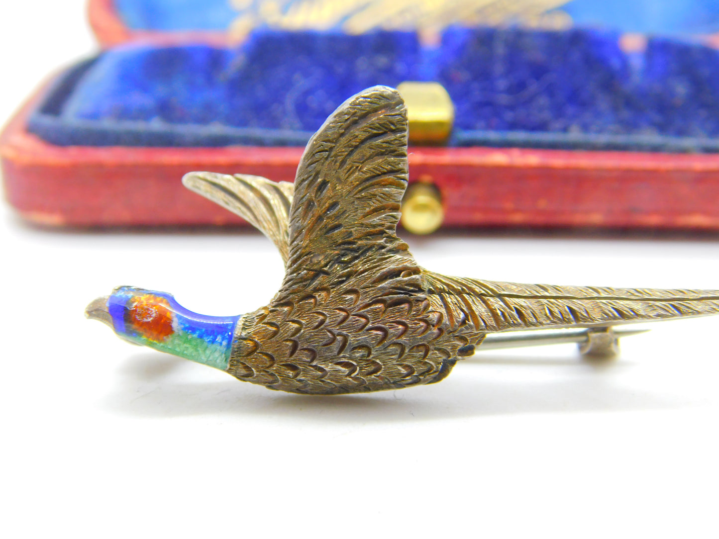 Victorian Sterling Silver & Enamel Flying Pheasant Brooch Pin c1900 Antique