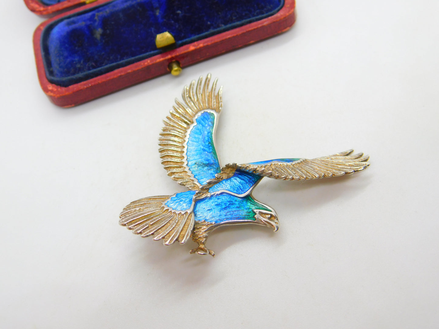 Large Sterling Silver & Blue Enamel Soaring Eagle Brooch Vintage c1960