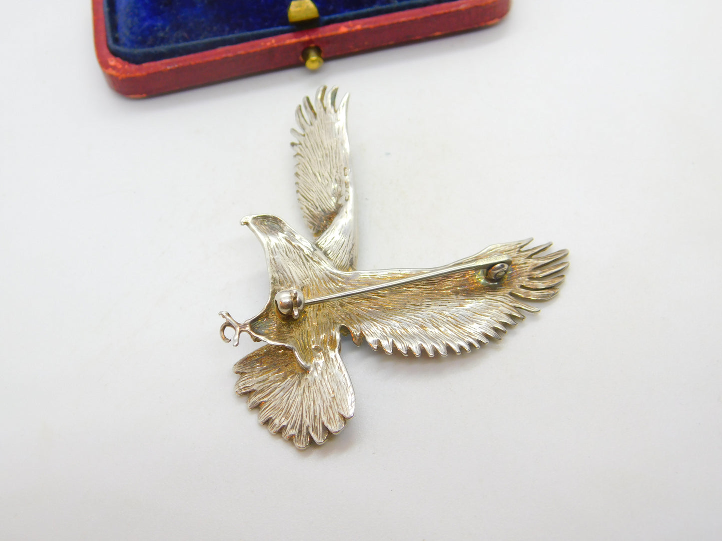 Large Sterling Silver & Blue Enamel Soaring Eagle Brooch Vintage c1960