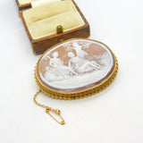 9ct Yellow Gold Mounted Romantic Regency Scene Shell Cameo Brooch Vintage 1956