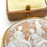9ct Yellow Gold Mounted Romantic Regency Scene Shell Cameo Brooch Vintage 1956