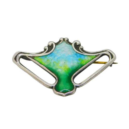 Art Nouveau Sterling Silver Guilloche Enamel Floral Brooch Antique c1910