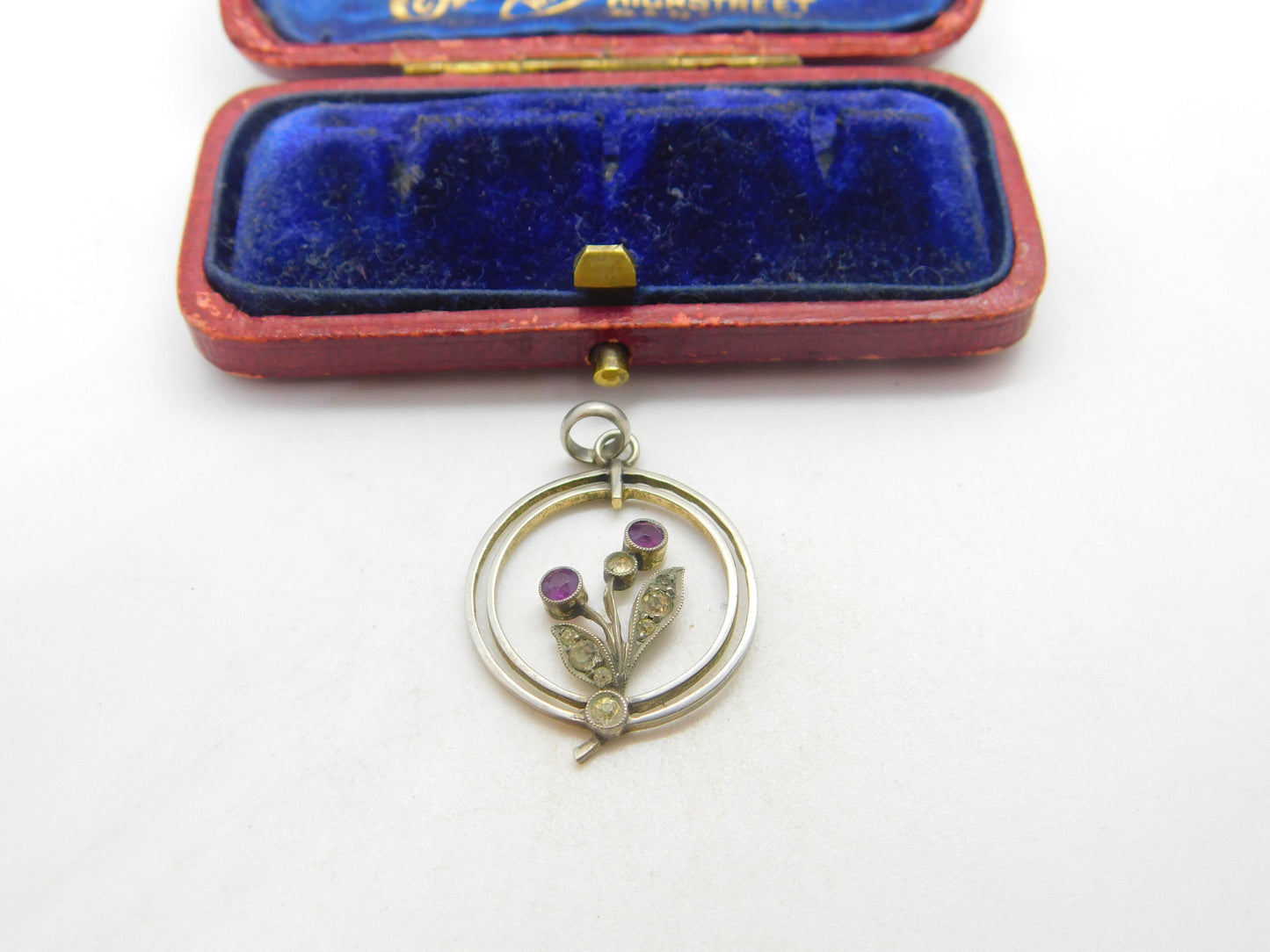 Edwardian Sterling Silver, Amethyst & Paste Floral Lavalier Pendant c1910