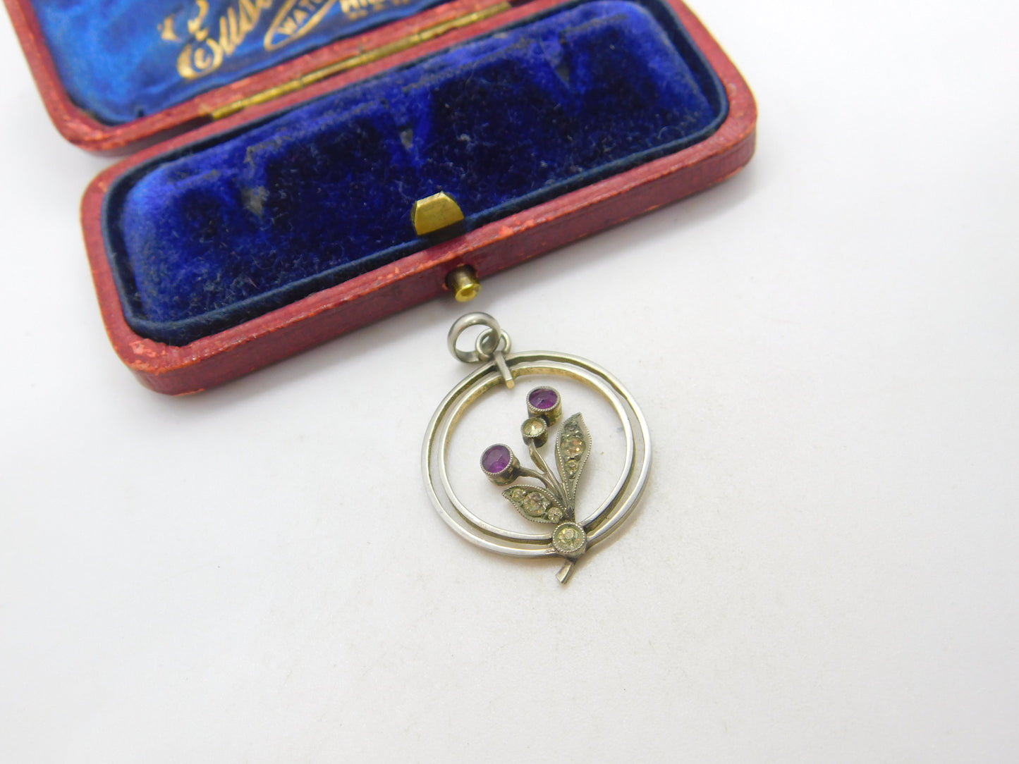 Edwardian Sterling Silver, Amethyst & Paste Floral Lavalier Pendant c1910