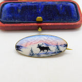 Norwegian Sterling Silver Guilloche Enamel Reindeer Brooch c1920 Antique