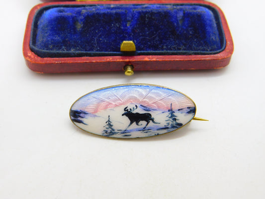 Norwegian Sterling Silver Guilloche Enamel Reindeer Brooch c1920 Antique