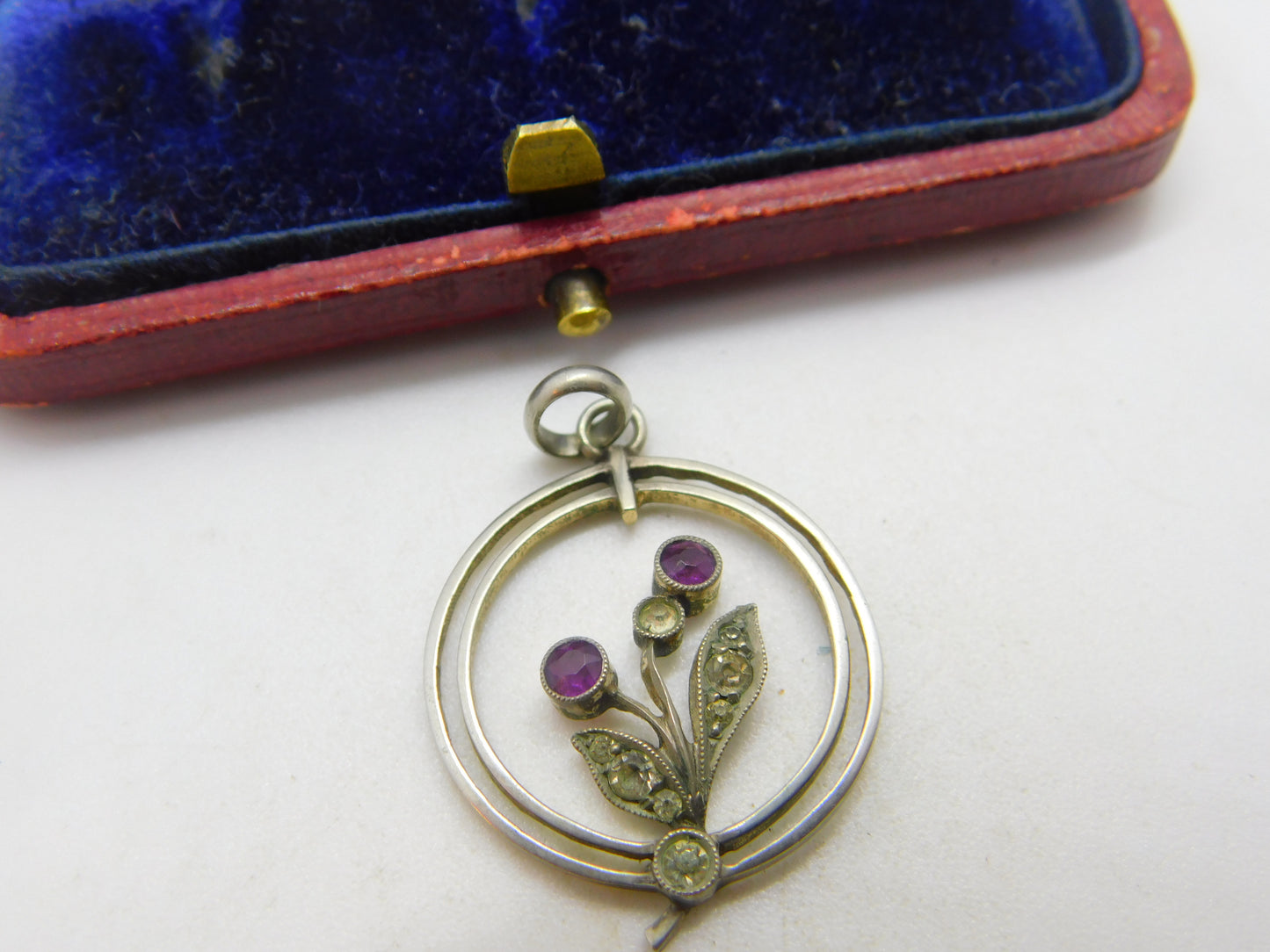 Edwardian Sterling Silver, Amethyst & Paste Floral Lavalier Pendant c1910