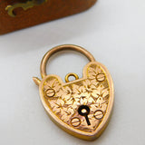 Edwardian 9ct Rose Gold Ivy Leaf Pattern Heart Lock Clasp or Charm Antique c1910