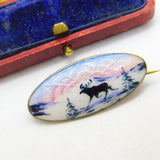Norwegian Sterling Silver Guilloche Enamel Reindeer Brooch c1920 Antique