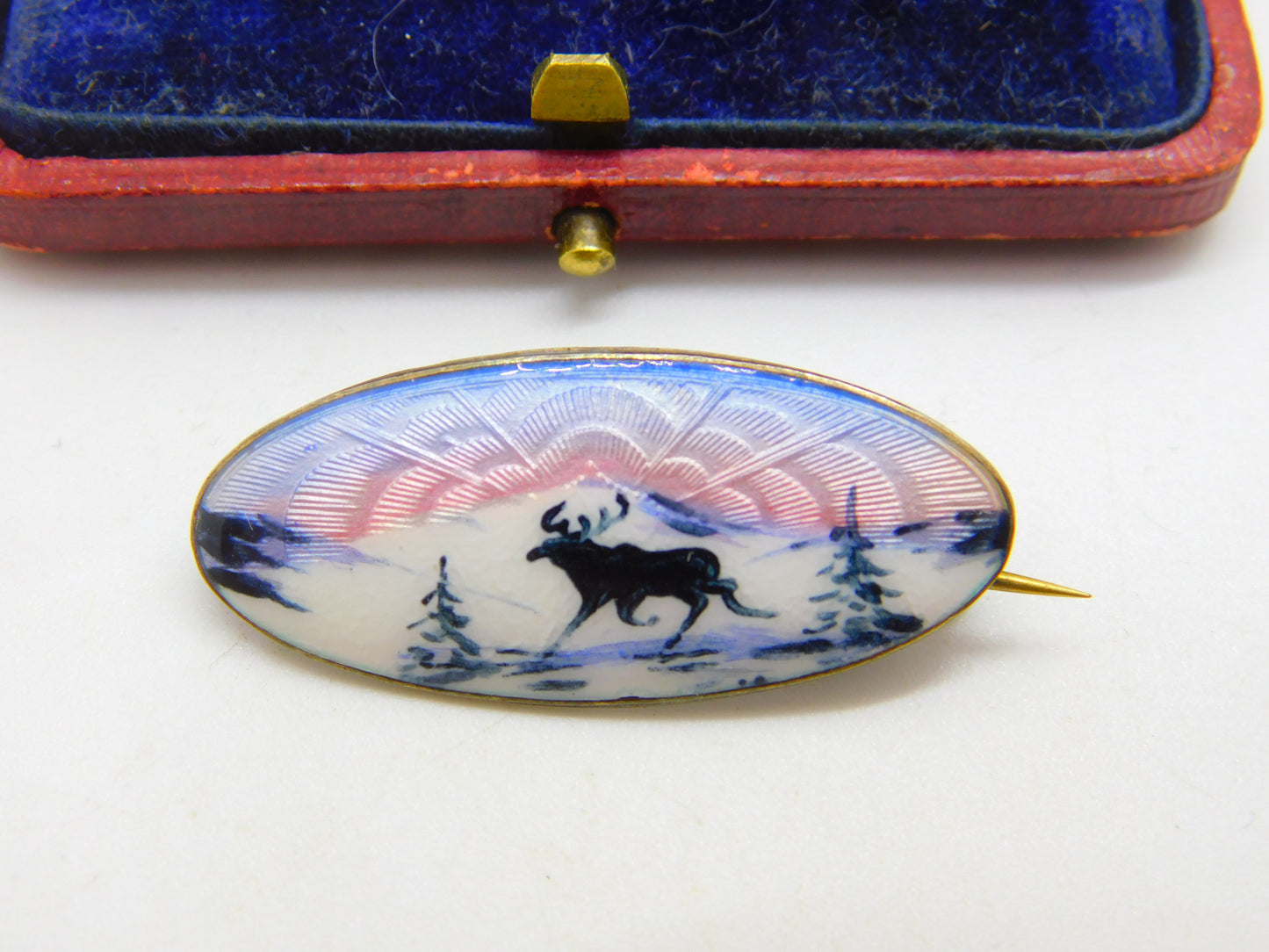 Norwegian Sterling Silver Guilloche Enamel Reindeer Brooch c1920 Antique