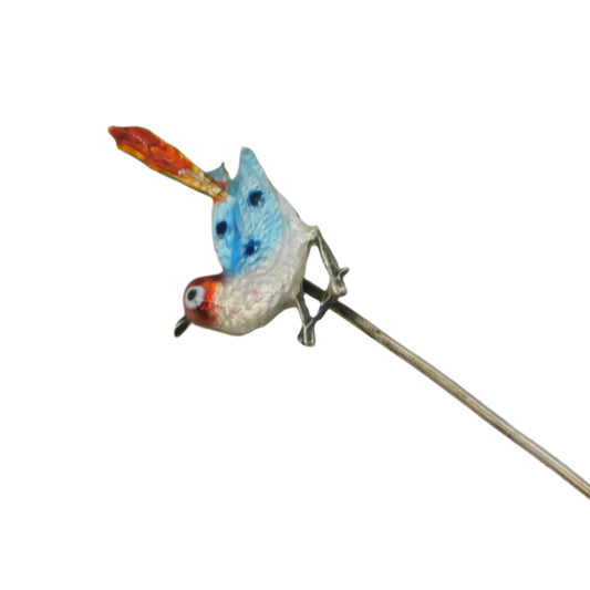 Sterling Silver Colourful Enamel Swallow Sweetheart Stick Pin Antique c1920