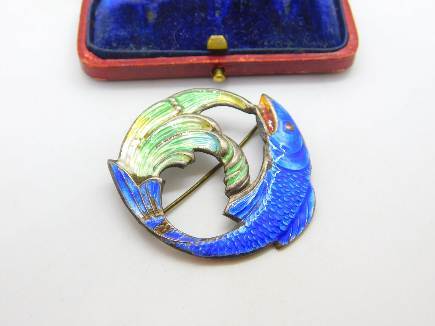 Sterling Silver & Enamel Leaping Salmon Brooch 1946 Birmingham AH Darby & Son