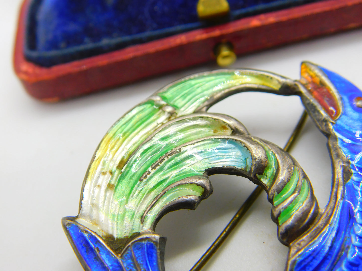 Sterling Silver & Enamel Leaping Salmon Brooch 1946 Birmingham AH Darby & Son