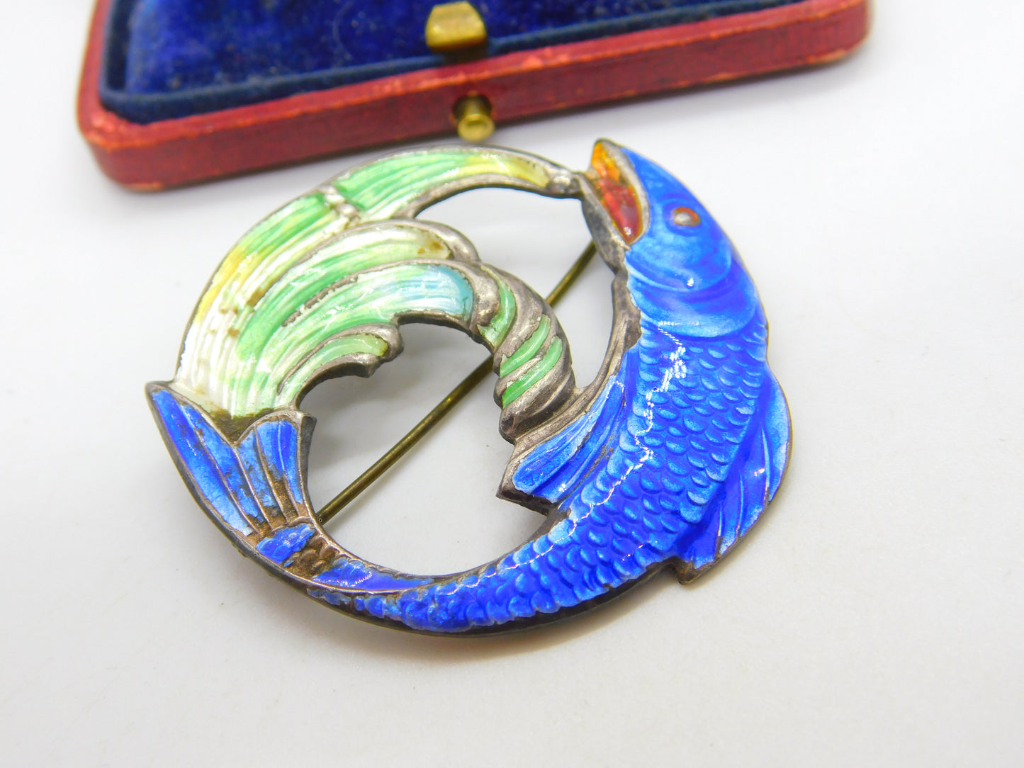 Sterling Silver & Enamel Leaping Salmon Brooch 1946 Birmingham AH Darby & Son