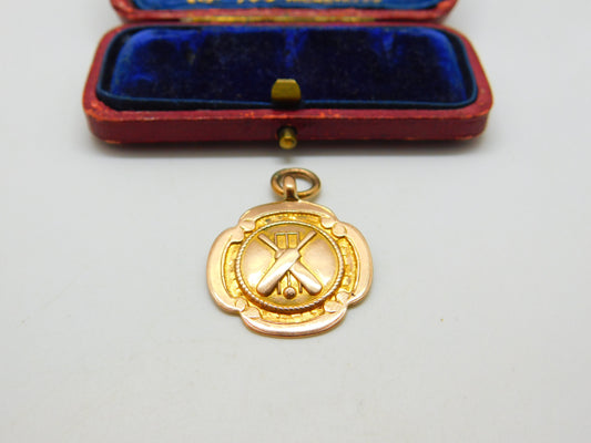 9ct Yellow Gold Cricket Match Fob Medal Antique 1930 Birmingham Art Deco