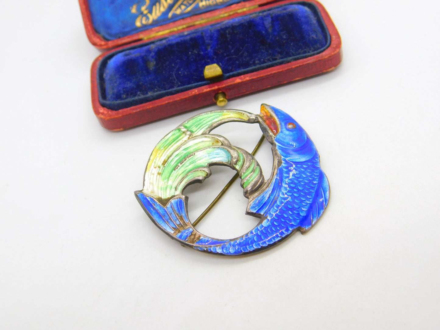 Sterling Silver & Enamel Leaping Salmon Brooch 1946 Birmingham AH Darby & Son