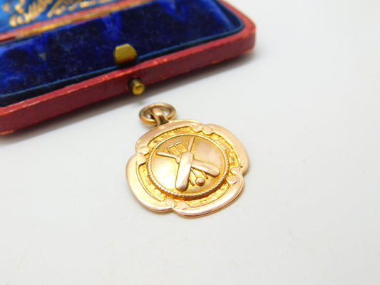 9ct Yellow Gold Cricket Match Fob Medal Antique 1930 Birmingham Art Deco