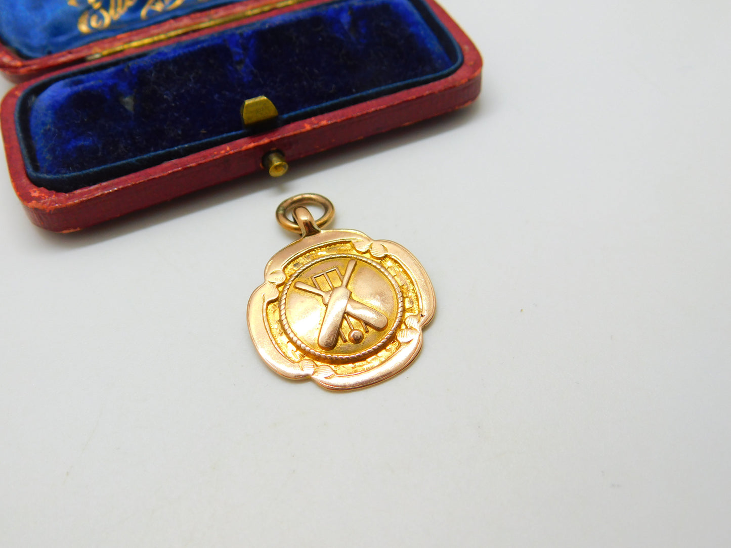 9ct Yellow Gold Cricket Match Fob Medal Antique 1930 Birmingham Art Deco